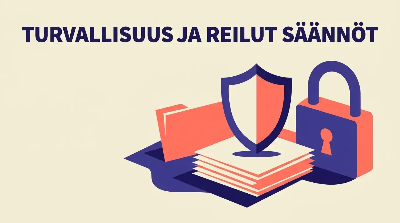 Riippulukko, kilpimuoto ja asiakirjapino turvallisuutta ja sääntöjä kuvaamassa